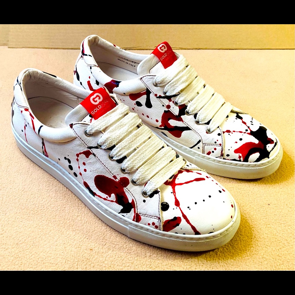 Italian made Gold Gravy mens leather sneakers, lace up white with red black